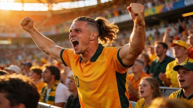 Passionate soccer fan cheering with fists raised in yellow and green jersey in sunlit stadium