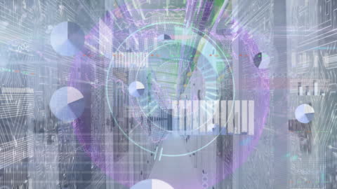 Data Processing Animation with Globe and Server Room Background