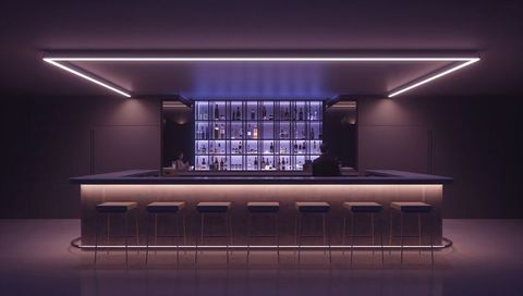 Modern Neon-Lit Cocktail Bar Interior featuring Backlit Liquor Shelves and Bar Stools