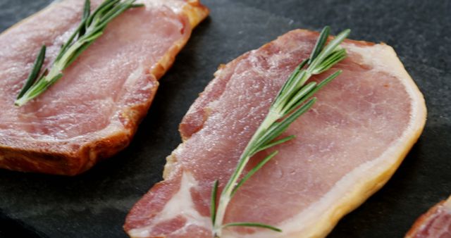 Raw Bacon Steaks with Fresh Rosemary Garnish on Black Surface - Download Free Stock Images Pikwizard.com