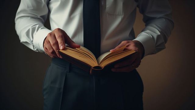 Business professional reading hardcover book in study