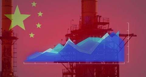 China flag and economic growth graph over industrial background