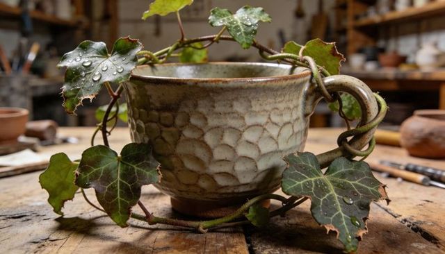 Textured ceramic cup wrapped in ivy with water droplets on rustic wooden workbench