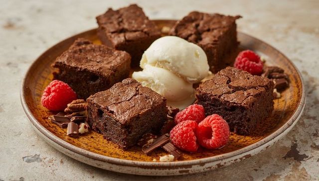 Decadent chocolate brownies surrounding vanilla ice cream scoops with fresh raspberries