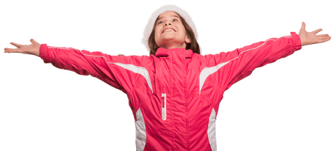 Joyful Girl in Pink Winter Jacket with Warm Wool Hat Celebrating Hands-Free