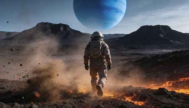 Lone Astronaut Walking Across Volcanic Alien Plain Toward Blue Gas Giant Horizon