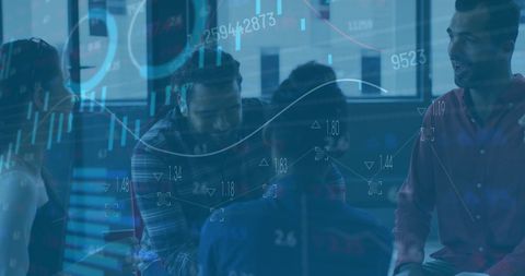 Colleagues Collaborating with Digital Financial Overlay