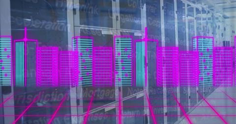 Futuristic Neon Holographic Cityscape in Data Center