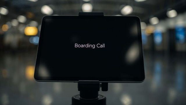 Tablet display showing boarding call at airport gate with bokeh terminal background