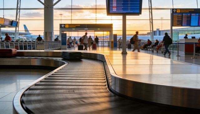 Sunset-lit airport baggage carousel with moving suitcases and passengers hurrying