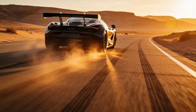Black supercar launching on desert highway at sunset, creating dust trail and skid marks