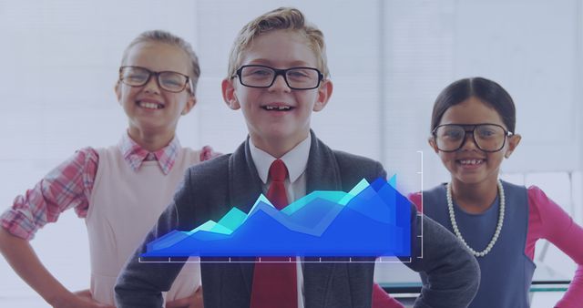 Three children in business attire stand confidently with hands on hips, smiling and presenting a digital growth chart. Great for use in advertisements, web pages, or articles about child entrepreneurship, education, future business leaders, teamwork, and professional development.