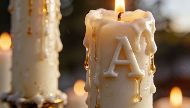 Melting pillar candle embossed with letter a burning with gilded wax drips, amber bokeh
