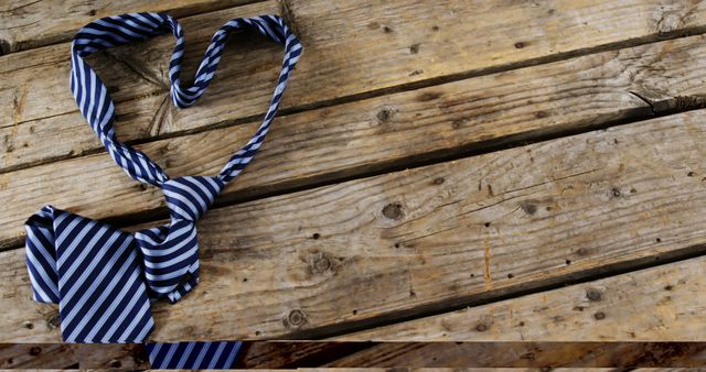 A striped necktie is creatively arranged in the shape of a heart on a rustic wooden background, with copy space. It's a symbolic representation of love for Father's Day or a romantic gesture for a man.