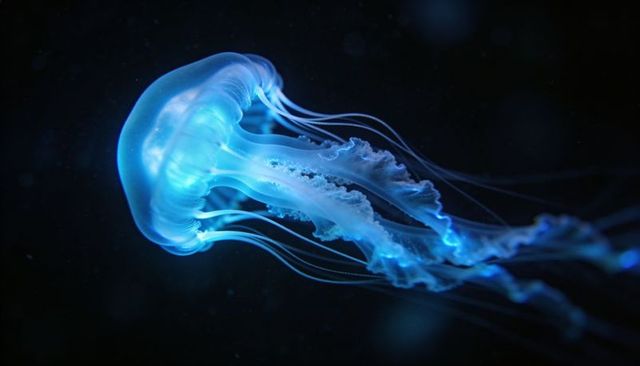 Bioluminescent blue jellyfish drifting with glowing tentacles and flowing oral arms