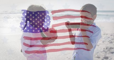 Children Holding Apples on Beach with American Flag Overlay