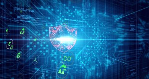 Holographic Cyber Shield Protecting Digital Circuit Grid with Energy CO2 and Finance Icons