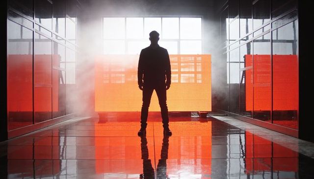 Backlit silhouette standing before orange led panel with fog and glossy floor reflections