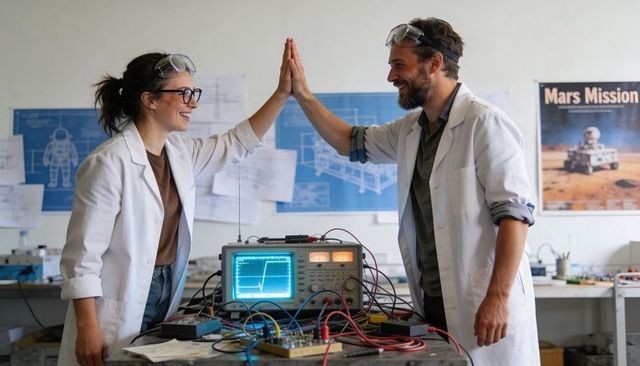 Engineers high-fiving after successful electronics test with oscilloscope and mars poster
