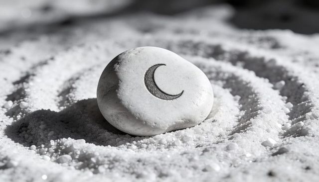 Monochrome crescent-engraved pebble resting in raked zen sand with concentric rings