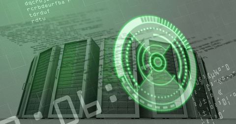 Futuristic data center with digital code and green hologram overlay