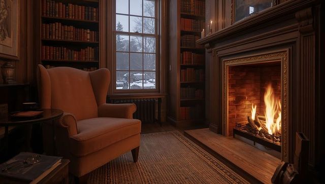 Cozy wingback reading nook with roaring fireplace and snow-view window in classic library