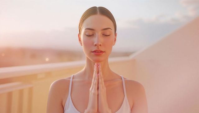 Serene Woman Meditating at Sunrise on Balcony