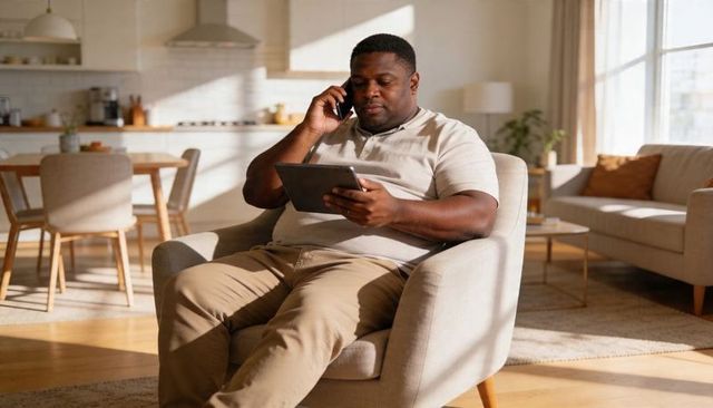 Man sitting in armchair using tablet and talking on phone in sunlit modern living room