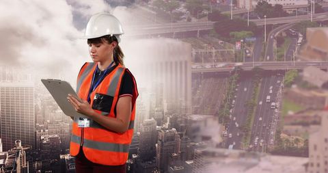 Female Engineer Overlooking Metropolitan Cityscape in Construction Gear