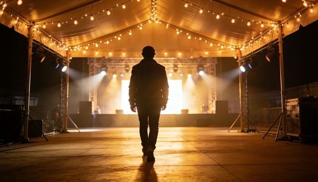 Solo silhouette walking toward illuminated concert stage under warm string lights