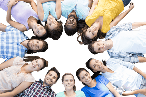 Diverse group of friends smiling in transparent circle