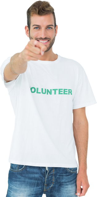 Cheerful Male Volunteer Pointing with Enthusiasm on Transparent Background - Download Free Stock Videos Pikwizard.com