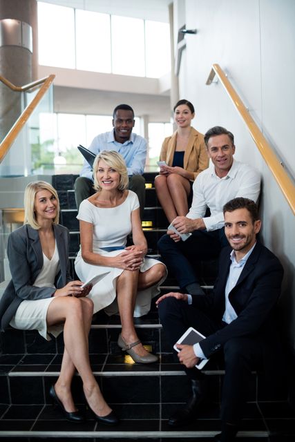 Portrait of business executives sitting on staircase at conference center