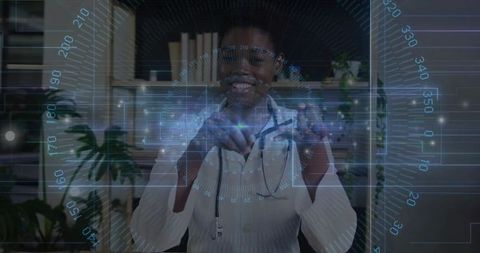 Female doctor forming heart gesture with holographic telemedicine HUD for virtual care