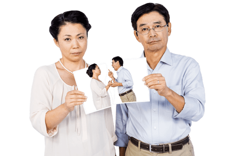 senior asian couple holding torn photo transparent background - Download Free Stock Videos Pikwizard.com