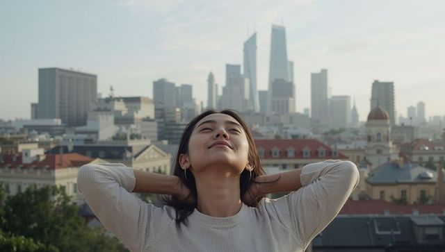 Relaxed young woman on rooftop breathing deeply while overlooking modern city skyline