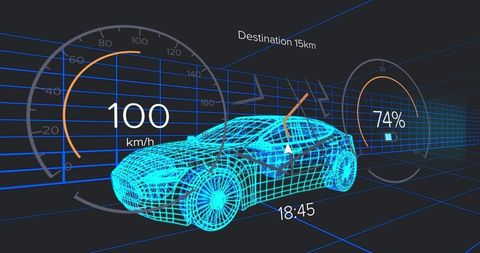 Futuristic Wireframe Car with Digital HUD Elements in Grid Tunnel