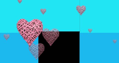 Pink textured hearts on blue and black geometric background