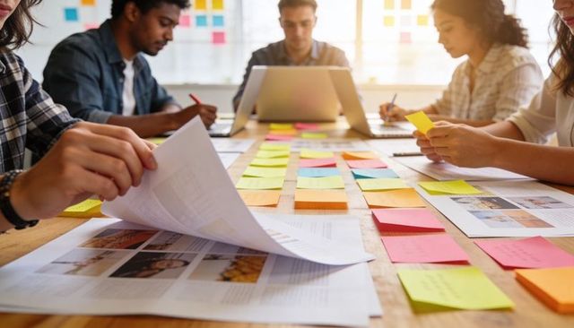 Creative team brainstorming with colorful sticky notes and design mockups on wooden table