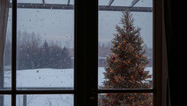 Snowy Landscape with Christmas Tree Lighting Up Outdoors
