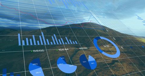 Global finance data visualization over mountain landscape