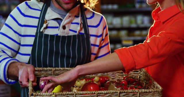 Customer Selecting Fresh Vegetables from Basket at Market - Download Free Stock Images Pikwizard.com