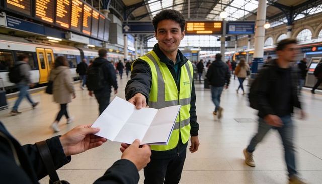 Station staff handing leaflet at busy train concourse wearing high-visibility vest