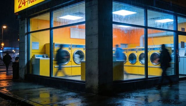 Rain-slicked night laundromat with yellow washers and blurred silhouettes through wet glass