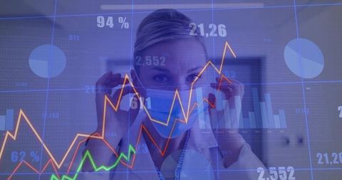 Scientist in Lab Coat Analyzing Data With Mask and Graph Overlay