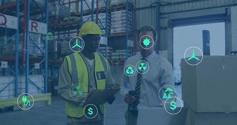 Warehouse team reviewing inventory with sustainability icons and manager