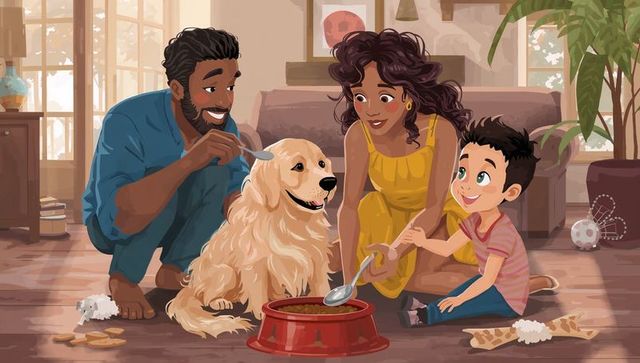 Family feeding golden retriever at home, parents and child spooning dog food
