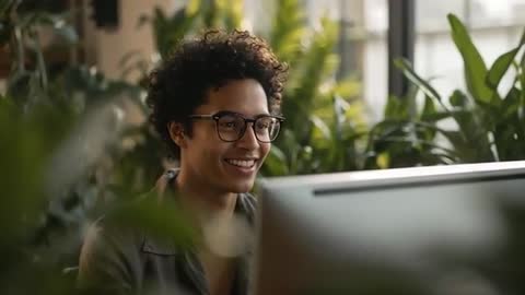 Smiling professional leaning toward desktop monitor while working in lush plant-filled office