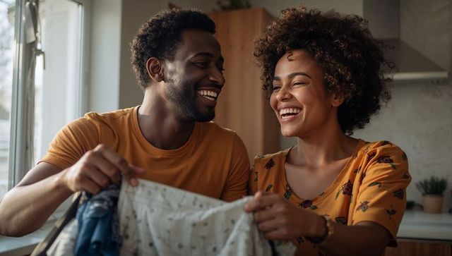 Laughing couple sharing laundry chore in sunlit kitchen wearing mustard tones