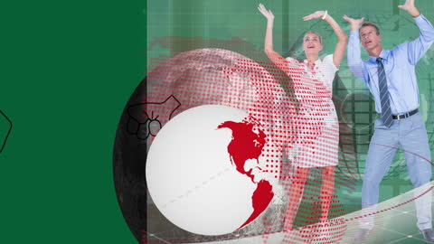 Employees in formal attire are enthusiastically celebrating in front of an animated backdrop featuring a globe and moon. This lively video represents themes of global success, teamwork, and innovative leadership. Ideal for illustrating articles or campaigns about company achievements, digital transformation, or global business expansion.